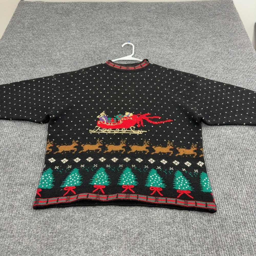 Vintage Deans of Scotland Sweater Mens L Black Wool Reindeer Sleigh Ugly Holiday